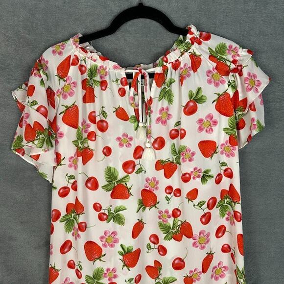 Rose Olive Top Womens 1X White Strawberry Cherry Ruffle Summer Preppy Whimsy - Picture 2 of 14